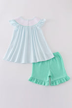 Load image into Gallery viewer, Blue stripe starfish embroidery smocked girl set
