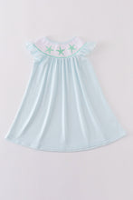 Load image into Gallery viewer, Blue stripe starfish embroidery smocked dress
