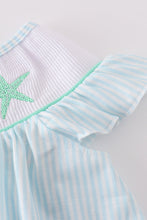 Load image into Gallery viewer, Blue stripe starfish embroidery smocked dress
