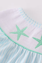 Load image into Gallery viewer, Blue stripe starfish embroidery smocked dress
