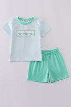 Load image into Gallery viewer, Blue stripe starfish embroidery smocked boy set
