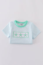 Load image into Gallery viewer, Blue stripe starfish embroidery smocked boy set
