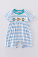 Load image into Gallery viewer, Blue stripe helicopter embroidery smocked boy romper
