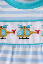 Load image into Gallery viewer, Blue stripe helicopter embroidery smocked boy romper
