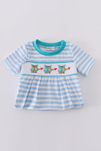Load image into Gallery viewer, Blue stripe helicopter embroidery smocked boy romper
