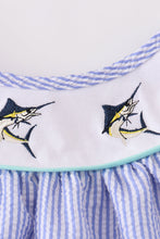 Load image into Gallery viewer, Blue stripe seersucker swordfish embroidery dress
