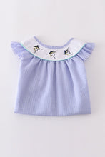 Load image into Gallery viewer, Blue stripe seersucker swordfish embroidery dress
