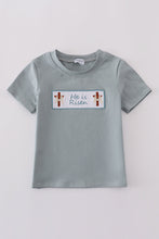 Load image into Gallery viewer, Blue he is risen embroidery top
