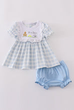 Load image into Gallery viewer, Blue plaid he is risen embroidery bloomer set
