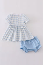 Load image into Gallery viewer, Blue plaid he is risen embroidery bloomer set
