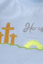 Load image into Gallery viewer, Blue plaid he is risen embroidery bloomer set
