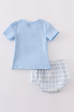 Load image into Gallery viewer, Blue plaid he is risen embroidery bloomer set
