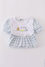 Load image into Gallery viewer, Blue plaid he is risen embroidery dress
