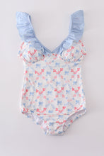 Load image into Gallery viewer, Blue bow lattice print  mom swimsuit

