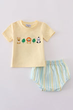 Load image into Gallery viewer, Yellow stripe animal embroidery smocked bloomer set
