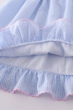 Load image into Gallery viewer, Blue striped seersucker bow embroidery girl dress
