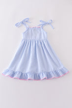 Load image into Gallery viewer, Blue striped seersucker bow embroidery girl dress
