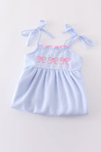 Load image into Gallery viewer, Blue striped seersucker bow embroidery girl dress
