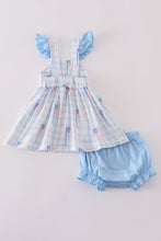Load image into Gallery viewer, Blue flag embroidery smocked gingham bloomer set
