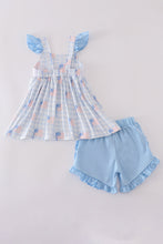 Load image into Gallery viewer, Blue flag embroidery smocked shorts set
