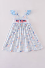 Load image into Gallery viewer, Blue flag embroidery smocked gingham dress
