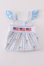Load image into Gallery viewer, Blue flag embroidery smocked gingham dress
