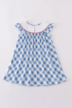 Load image into Gallery viewer, Blue bow embroidery smocked dress
