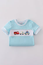 Load image into Gallery viewer, Blue fire truck police car embroidery smocked romper
