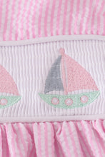 Load image into Gallery viewer, Pink stripe seersucker sailboat embroidery smocked dress
