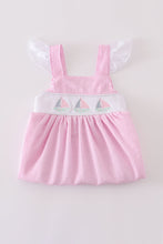 Load image into Gallery viewer, Pink stripe seersucker sailboat embroidery smocked dress
