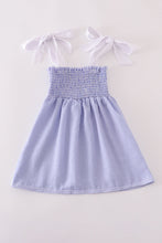Load image into Gallery viewer, Blue stripe seersucker smocked mom&amp;me dress
