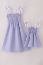 Load image into Gallery viewer, Blue stripe seersucker smocked mom&amp;me dress
