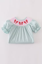 Load image into Gallery viewer, Blue bow pearl smocked dress
