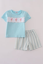 Load image into Gallery viewer, Blue flamingo embroidery short set

