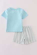Load image into Gallery viewer, Blue flamingo embroidery short set
