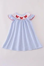 Load image into Gallery viewer, Blue seersucker crab embroidery smocked dress
