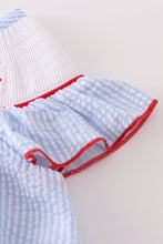 Load image into Gallery viewer, Blue seersucker crab embroidery smocked dress
