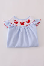Load image into Gallery viewer, Blue seersucker crab embroidery smocked dress
