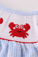 Load image into Gallery viewer, Blue seersucker crab embroidery smocked dress
