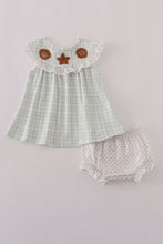 Load image into Gallery viewer, Green plaid sea shell french knot ruffle bloomer set
