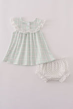 Load image into Gallery viewer, Green plaid sea shell french knot ruffle bloomer set
