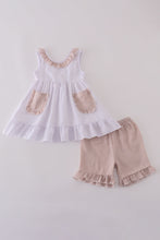 Load image into Gallery viewer, Brown white seersucker stripe ruffle shorts set

