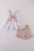 Load image into Gallery viewer, Brown white seersucker stripe ruffle shorts set

