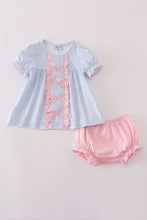 Load image into Gallery viewer, Blue bow embroidery gingham ruffle bloomer set

