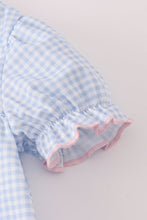Load image into Gallery viewer, Blue bow embroidery gingham ruffle bloomer set
