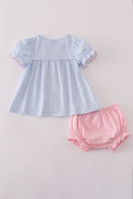 Load image into Gallery viewer, Blue bow embroidery gingham ruffle bloomer set
