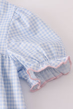 Load image into Gallery viewer, Blue bow embroidery gingham ruffle pants set
