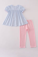 Load image into Gallery viewer, Blue bow embroidery gingham ruffle pants set
