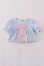 Load image into Gallery viewer, Blue bow embroidery gingham ruffle pants set
