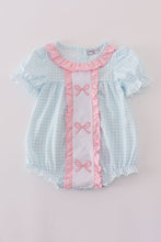 Load image into Gallery viewer, Blue bow embroidery gingham ruffle bubble
